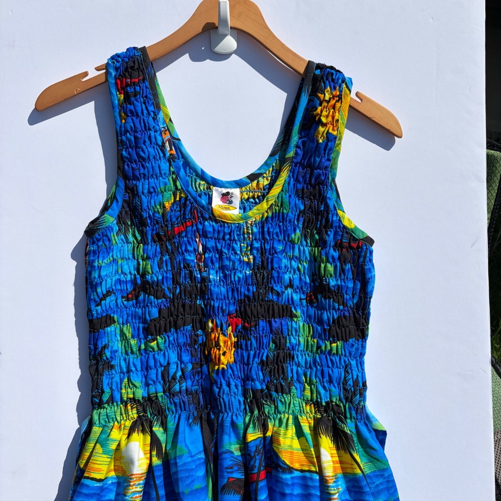 Rima Beachworld Tropical Hawaiian Maxi Dress Blue Smocked One Size Fits All